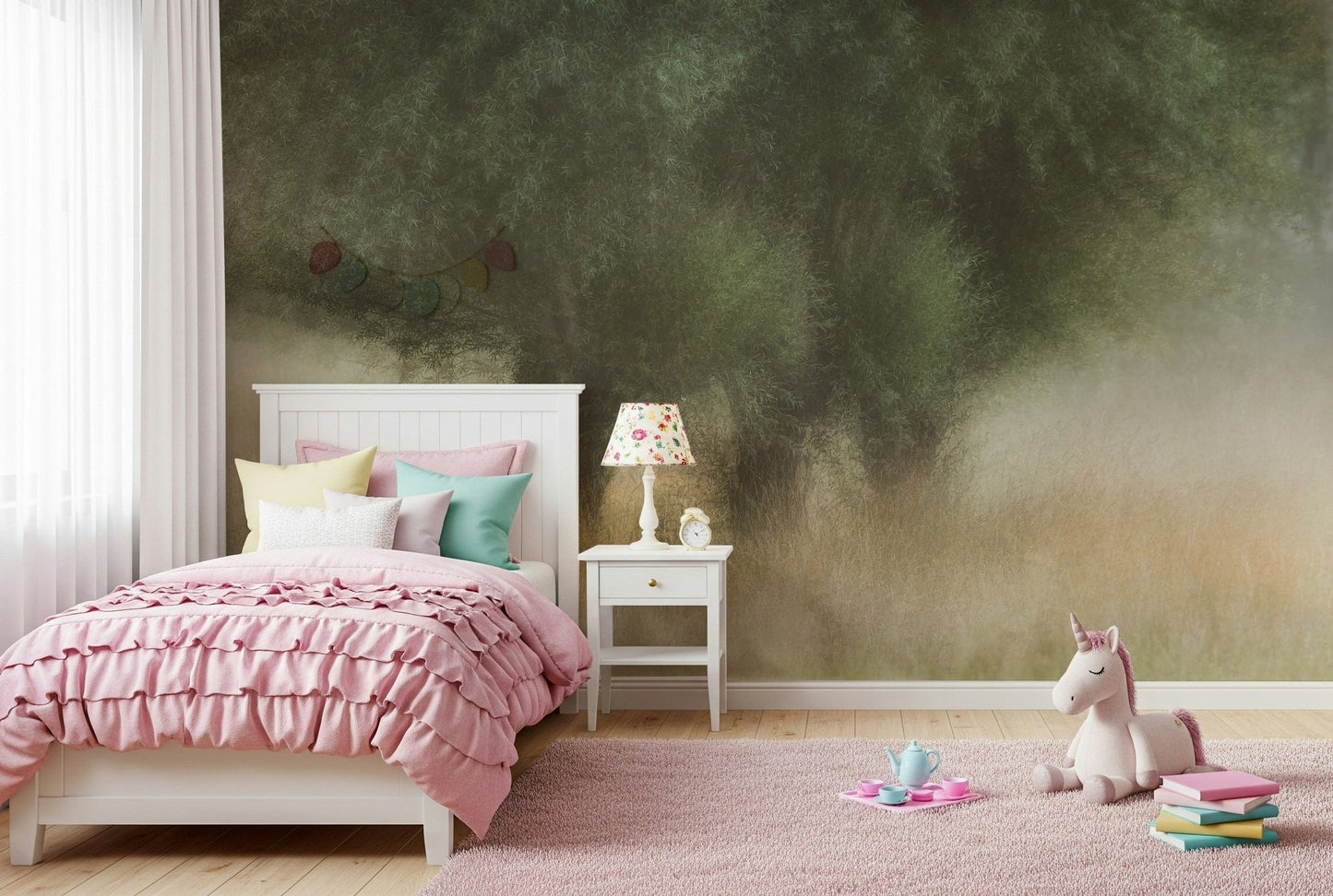 A peaceful woodland vista mural on decorative wallpaper.