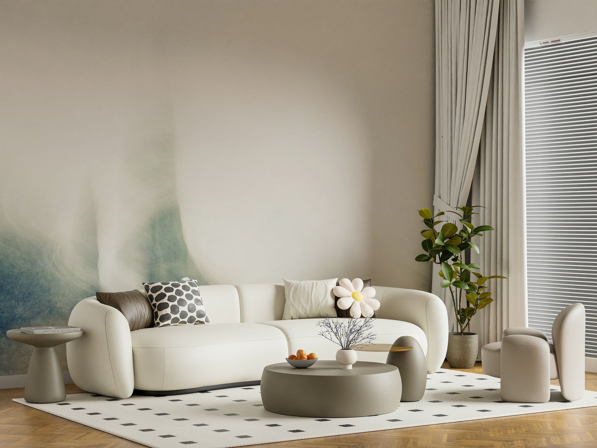 Silent Haze wallpaper mural of soft cream and teal mist behind a curved cream sofa in a living room