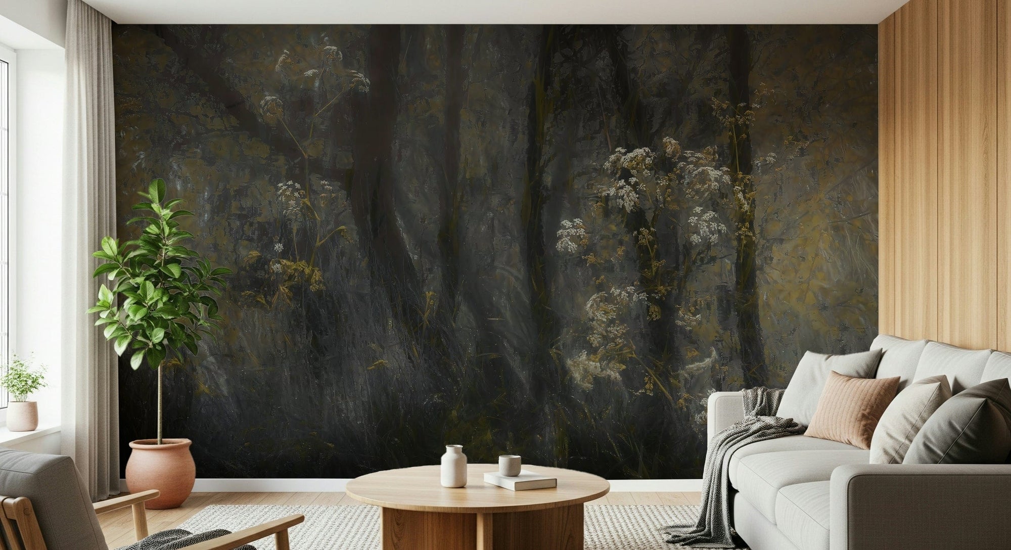 Misty Hollow wallpaper mural of a dark forest with white wildflowers behind a white sofa and terracotta planter