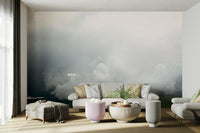 A minimalist interior with the Hula Valley wallpaper.