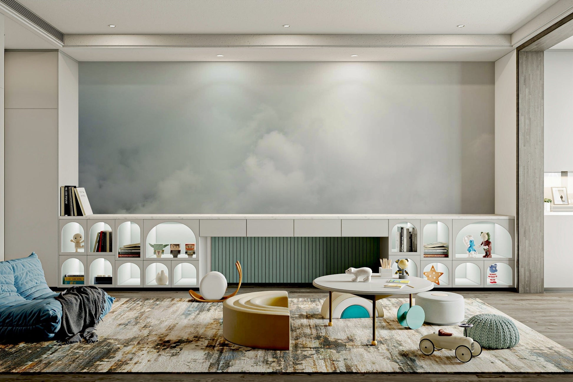 A living room featuring the scenic Hula Valley wall mural.