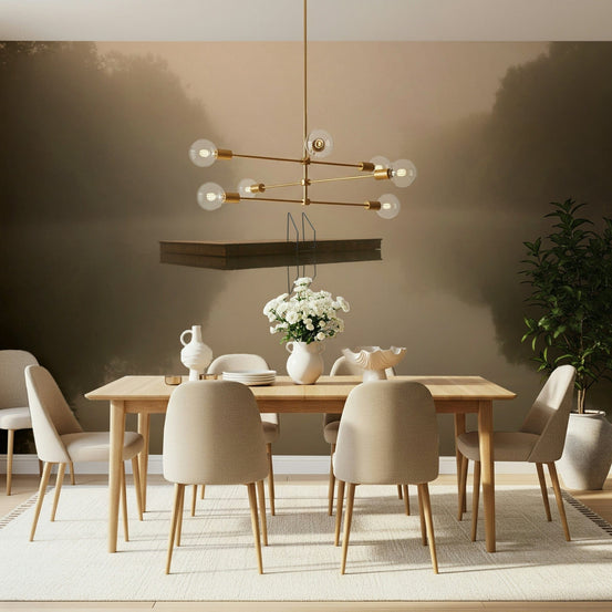 Misty Lake Retreat wallpaper mural of a foggy lake and wooden dock behind a wood dining table and beige chairs