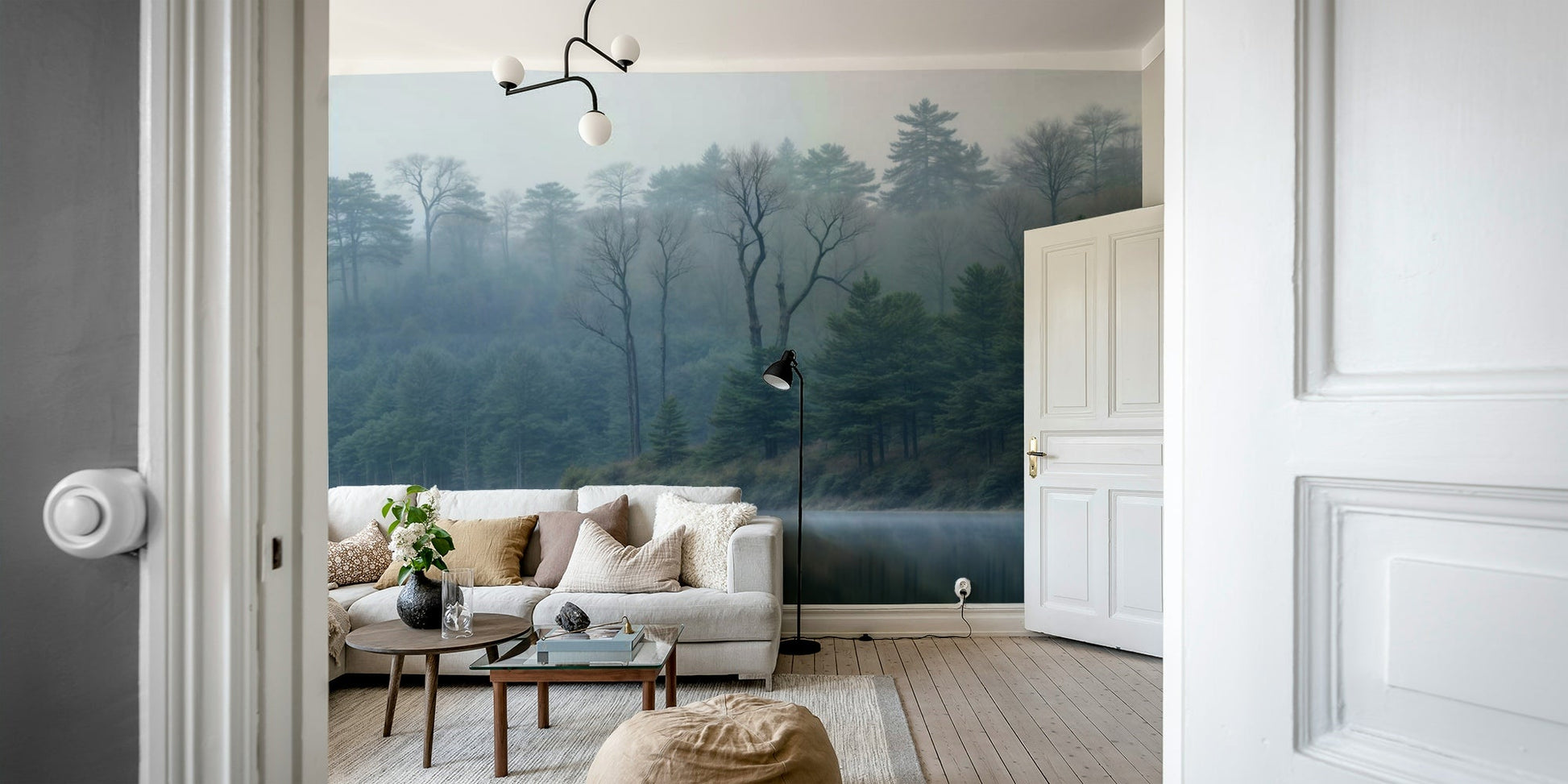 The trees, lake, and mist are a central focus of the image.

