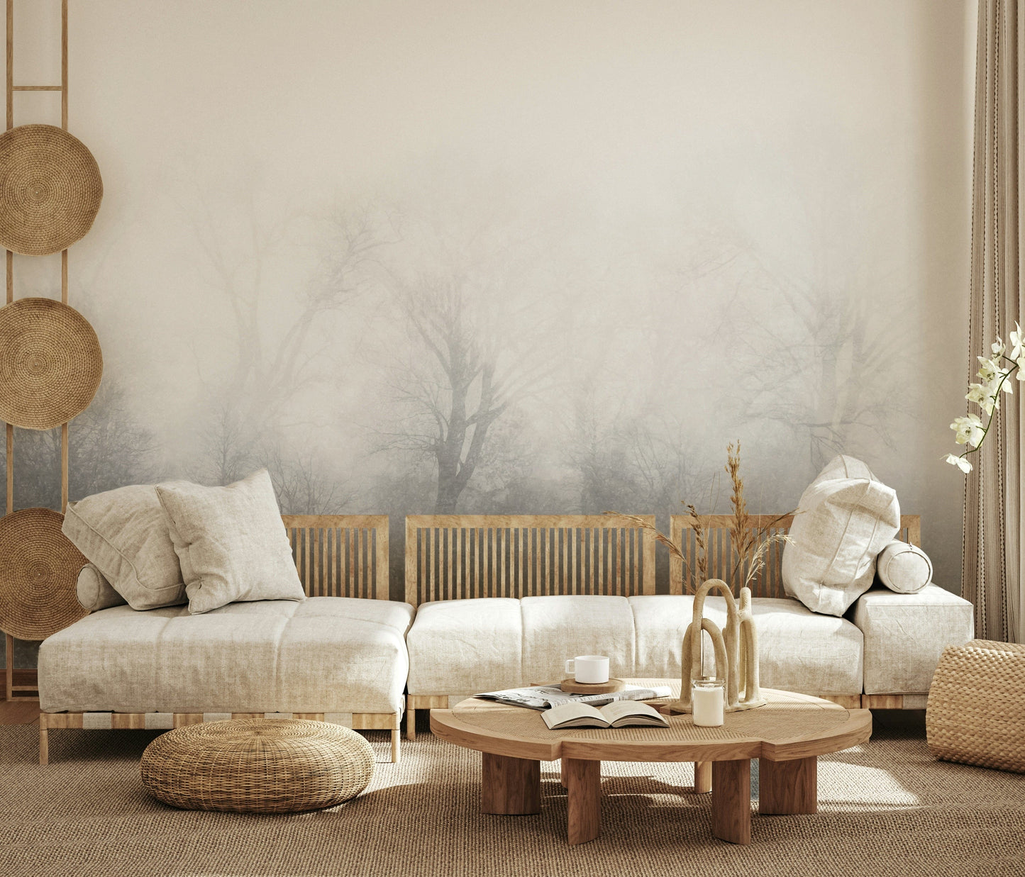 Misty Lake's Edge Wall Mural used as a backdrop for a minimalist home décor setup.