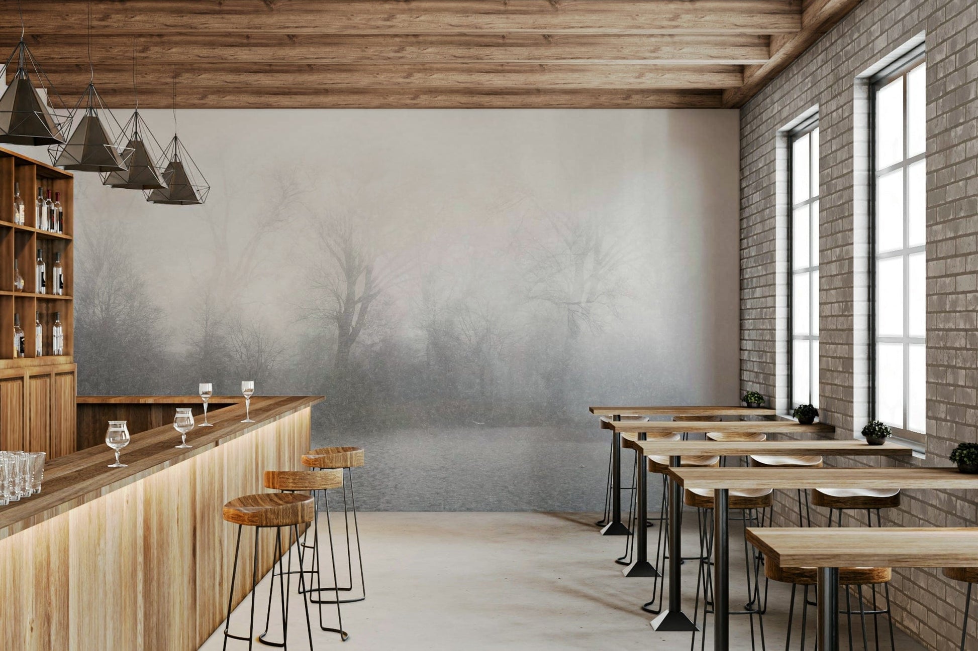 Misty Lake's Edge Wall Mural paired with light oak furniture in a quiet study.
