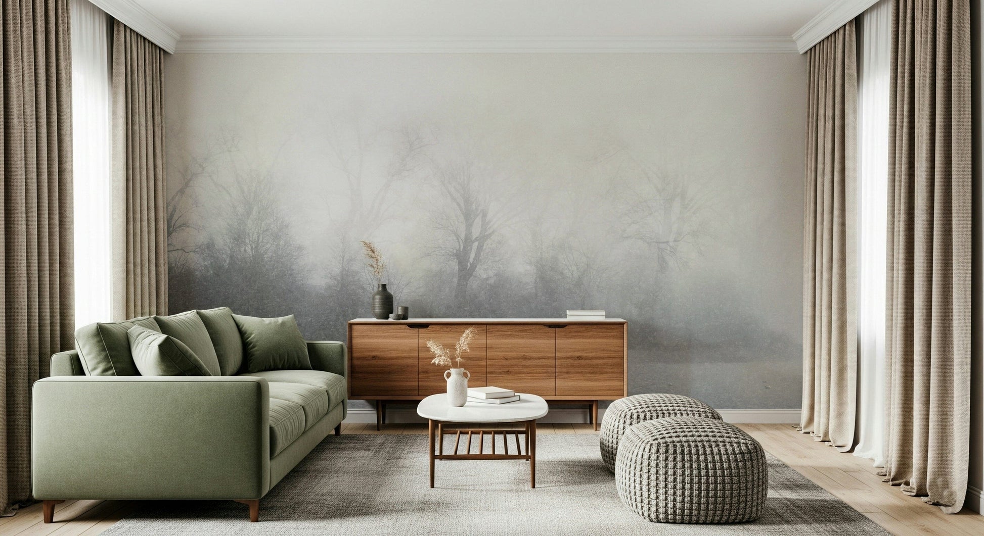 Misty Lake's Edge Wall Mural in a cozy flat lounge with soft lighting.