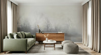 Misty Lake's Edge Wall Mural in a cozy flat lounge with soft lighting.