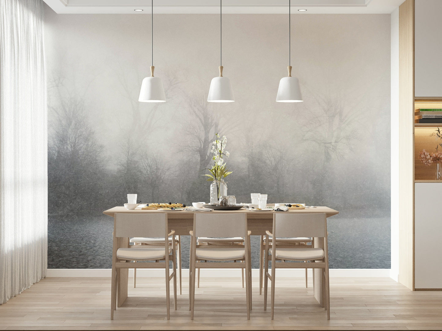 Neutral waterfront wallpaper featuring a foggy lake for a sophisticated bedroom.