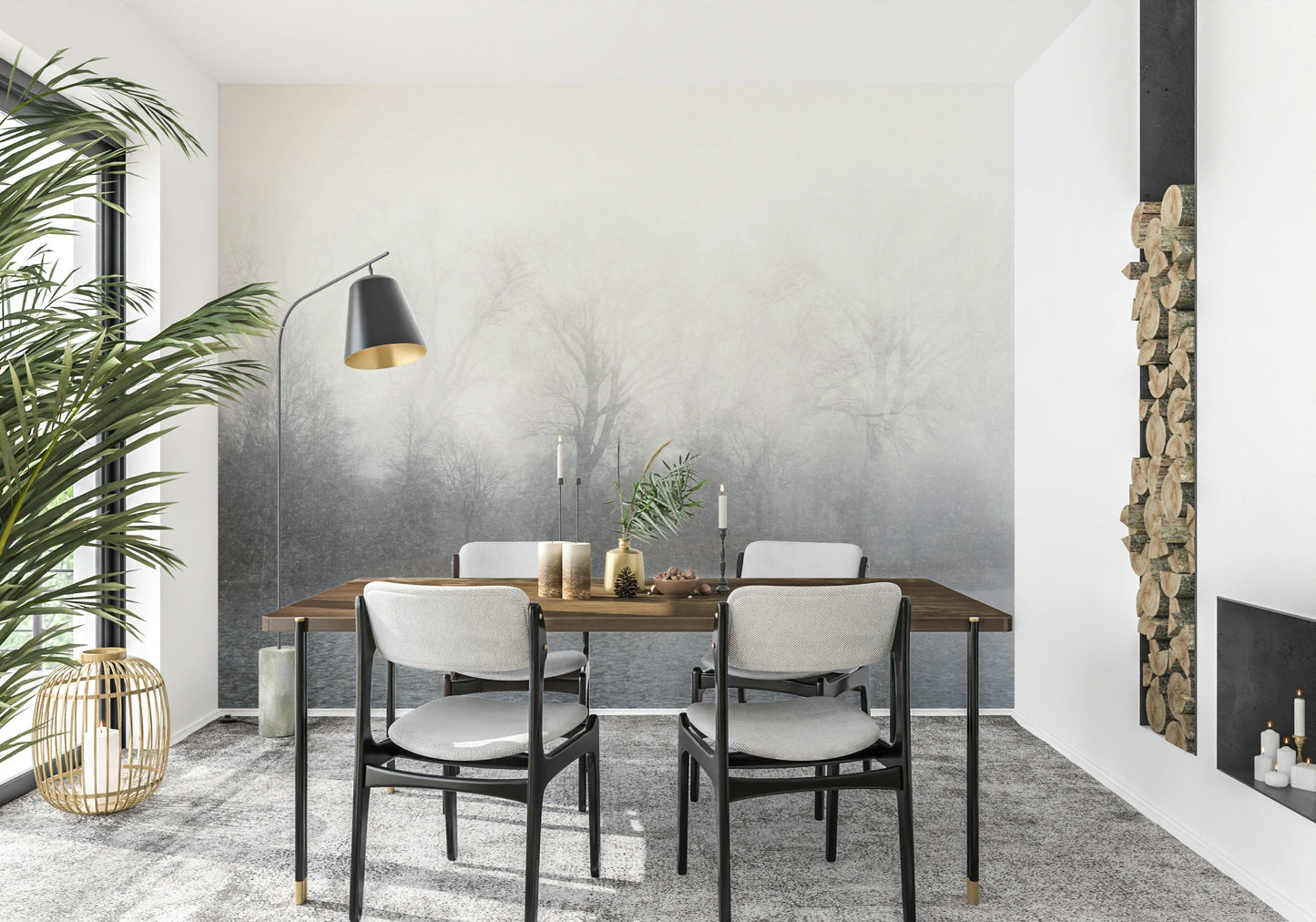 Calming nature scene wallpaper with soft grey and silver for a guest suite.