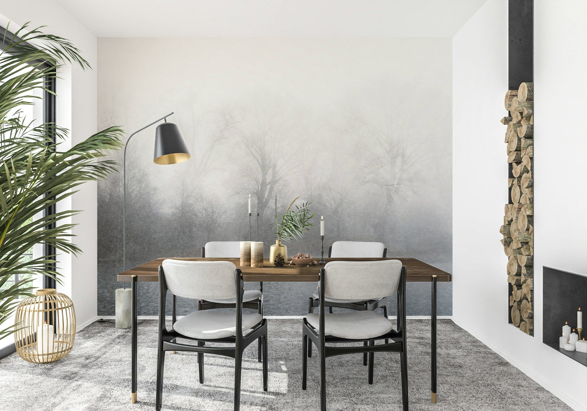 Calming nature scene wallpaper with soft grey and silver for a guest suite.