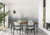 Calming nature scene wallpaper with soft grey and silver for a guest suite.