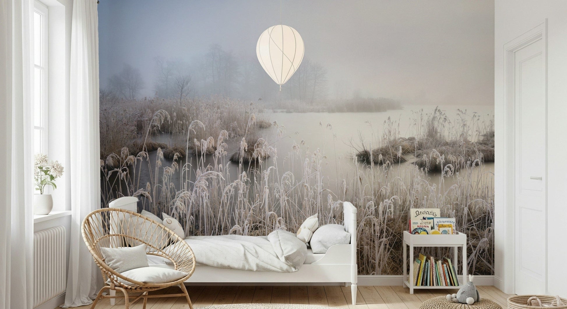 Frosted Dawn Icy vegetation, calm water, serene morning atmosphere, soft light.