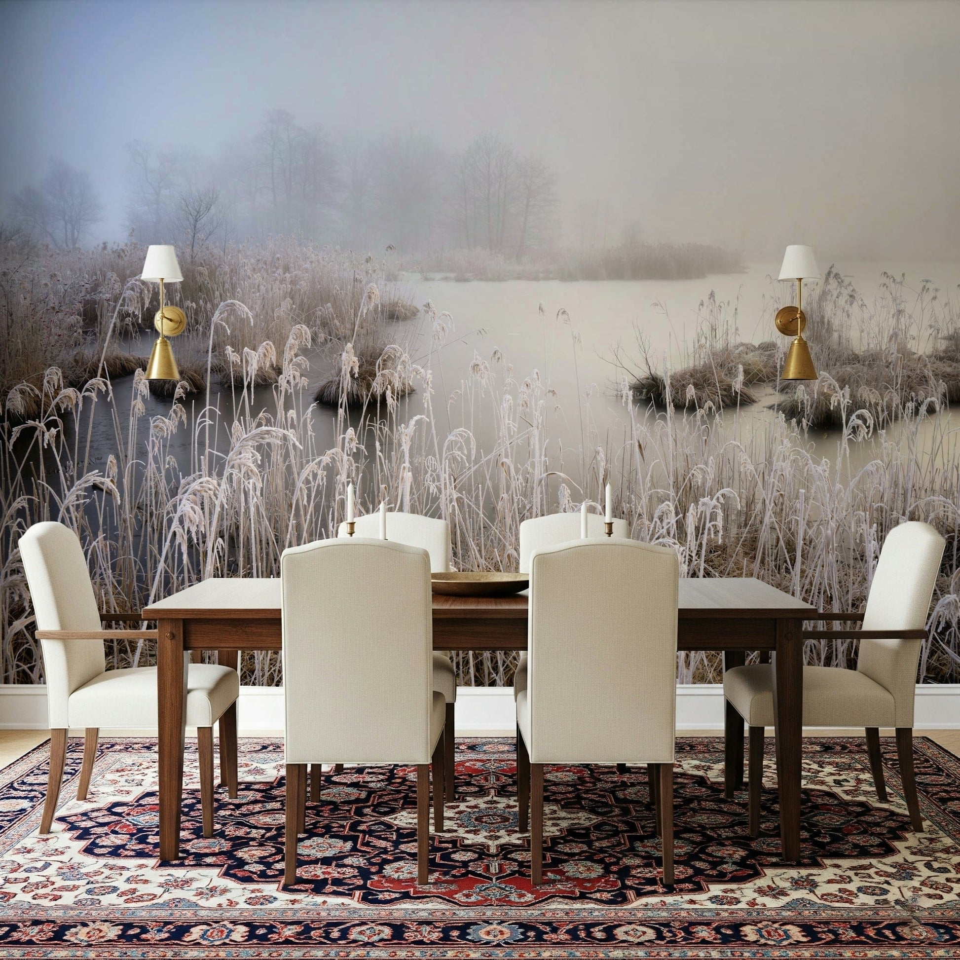 Tranquil wetland wall mural Foggy winter day, delicate frosty grasses, silent view.