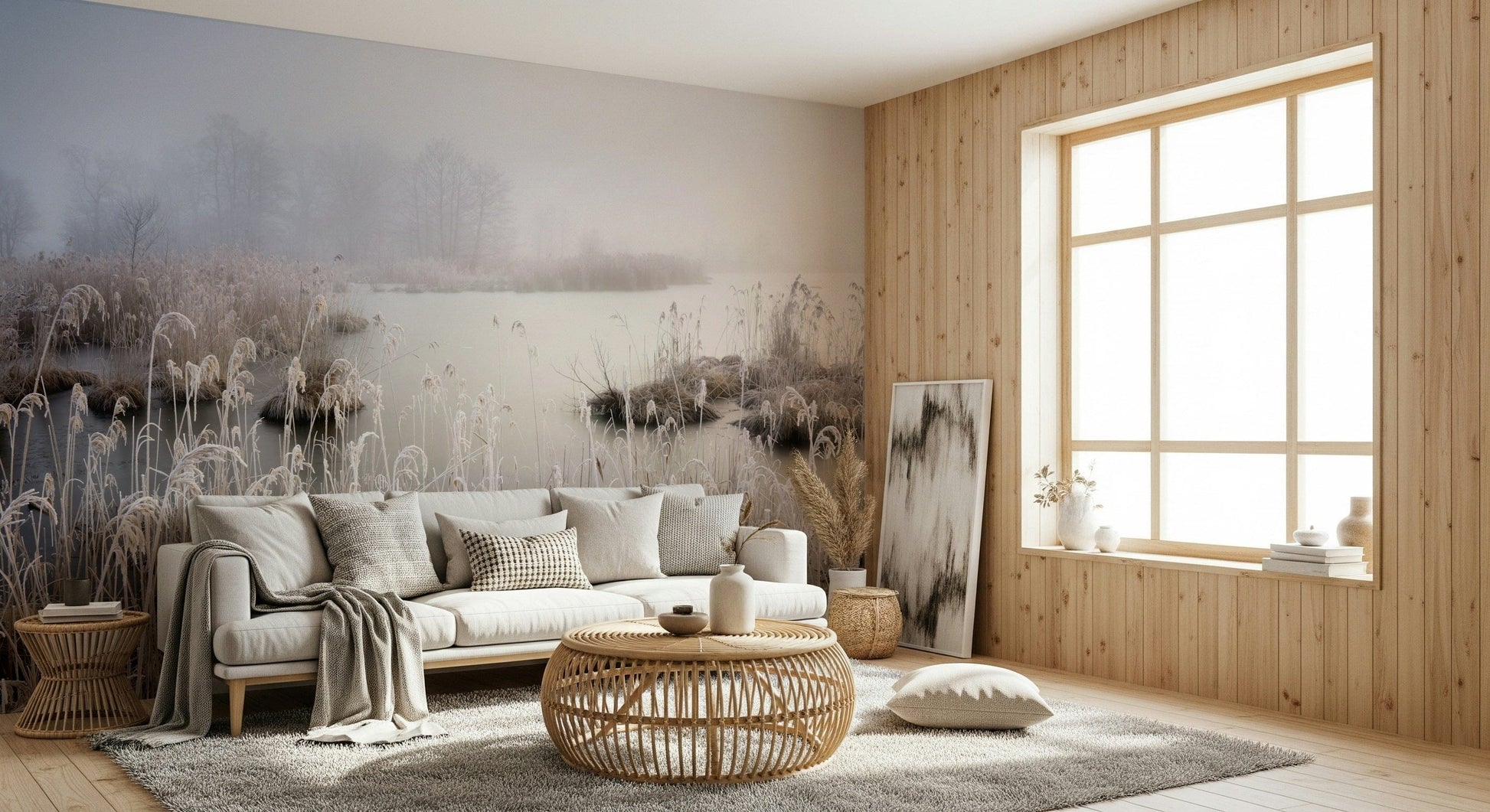 Frosted Dawn peel and stick wallpaper Dreamy landscape, soft blue and white tones.