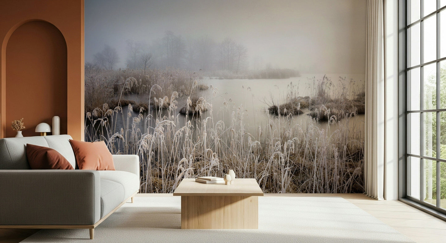 Frosted Dawn wallpaper for walls: Delicate hoarfrost on grasses, calm water surface.