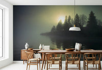 Entryway wall decor with Misty Dawn Wall Mural, quiet sunrise scene and light fog