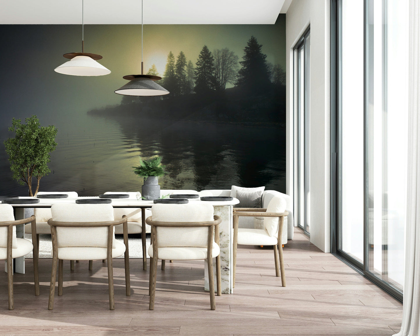 Dining room accent wall with misty morning mural, soft grey and blush sky gradient