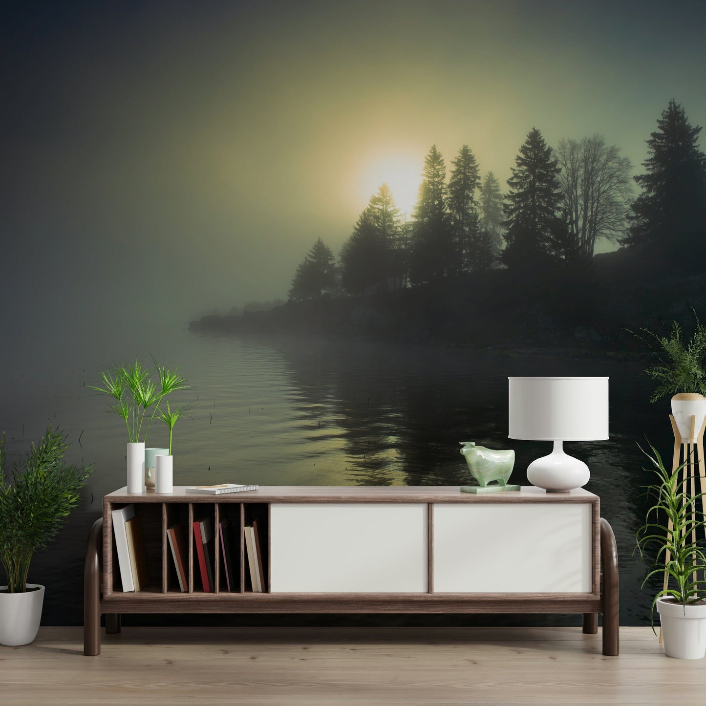 Misty Dawn Wall Mural behind sofa, modern wall decor with foggy morning view