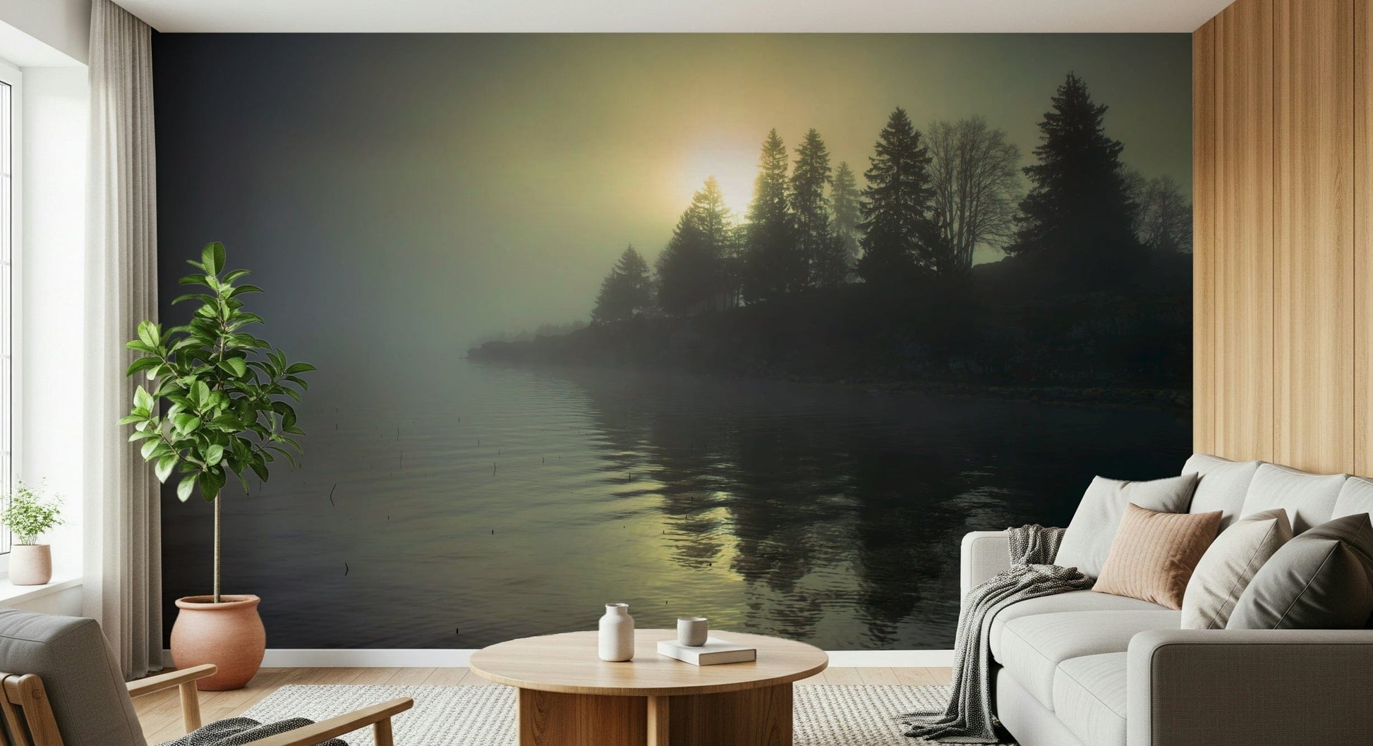 Minimal living room feature wall with misty landscape mural, soft neutrals and depth