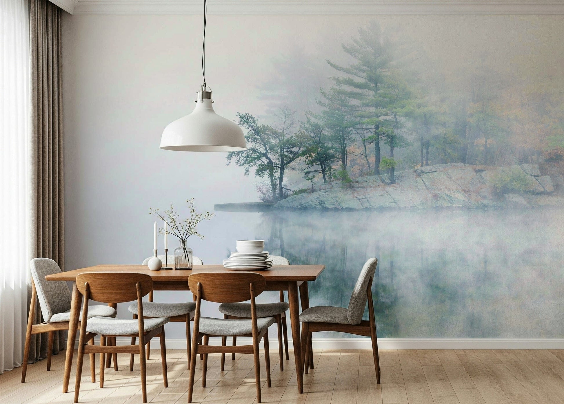 Peaceful lake reflection, hazy morning scene, Misty Lake Serenity Woodland design.