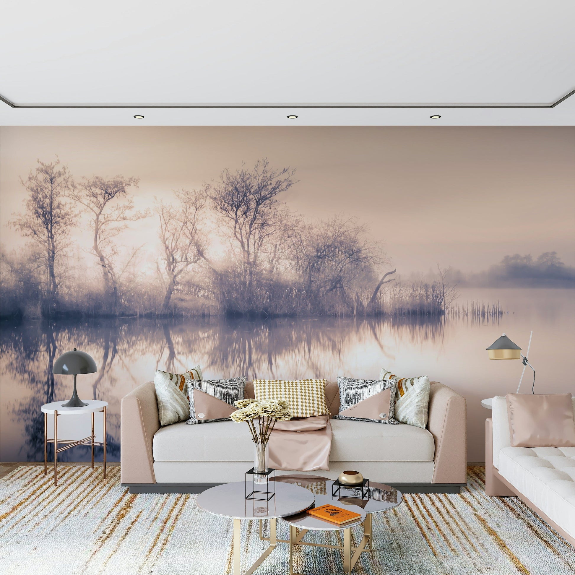 Hazy trees and lake reflection wallpaper mural product name.