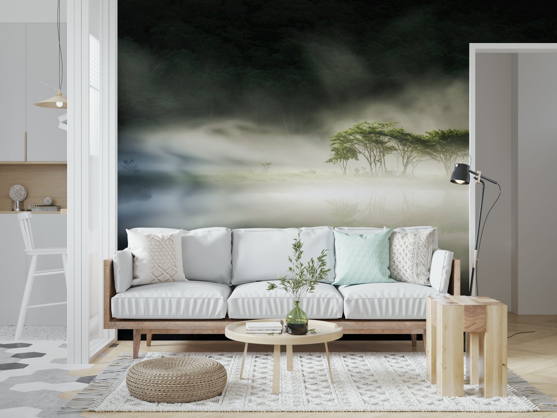 Isolated trees on lake, morning haze, striking Misty Lake Woodland artwork.