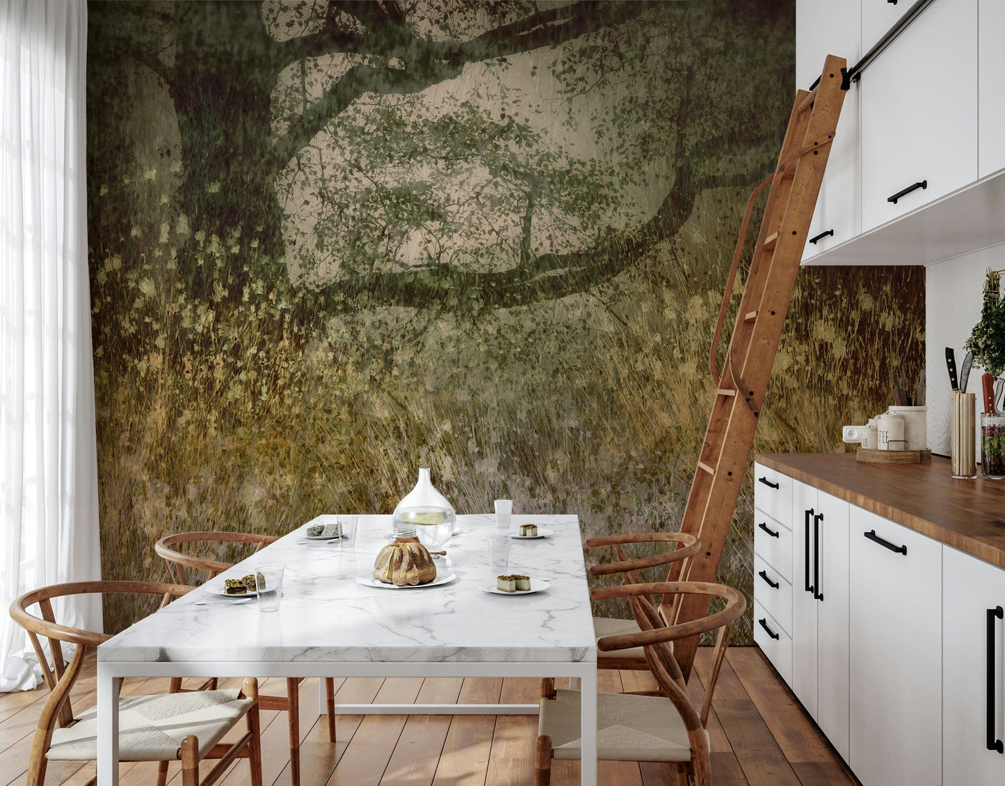 Filtered Light wallpaper mural of a green meadow tree behind a marble dining table in a white kitchen