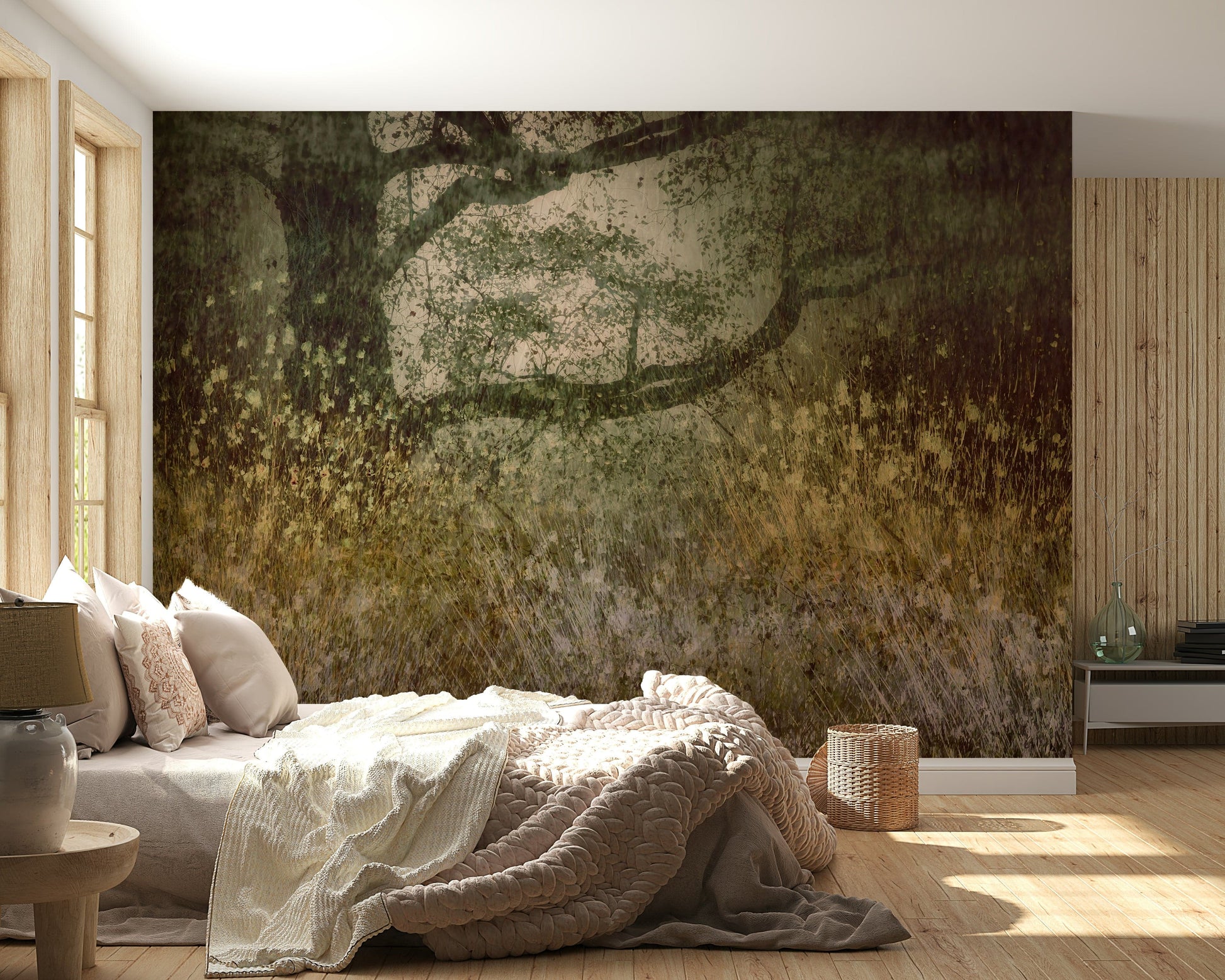 Filtered Light wallpaper mural of golden grassland and tree above a low bed beside a wood slat wall