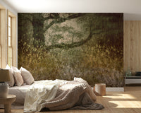 Filtered Light wallpaper mural of golden grassland and tree above a low bed beside a wood slat wall