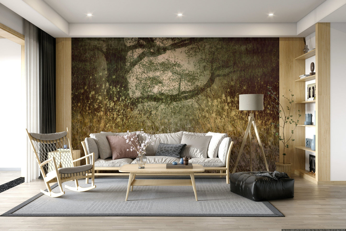Filtered Light wallpaper mural of a meadow and spreading tree behind a cream sofa and wood rocking chair