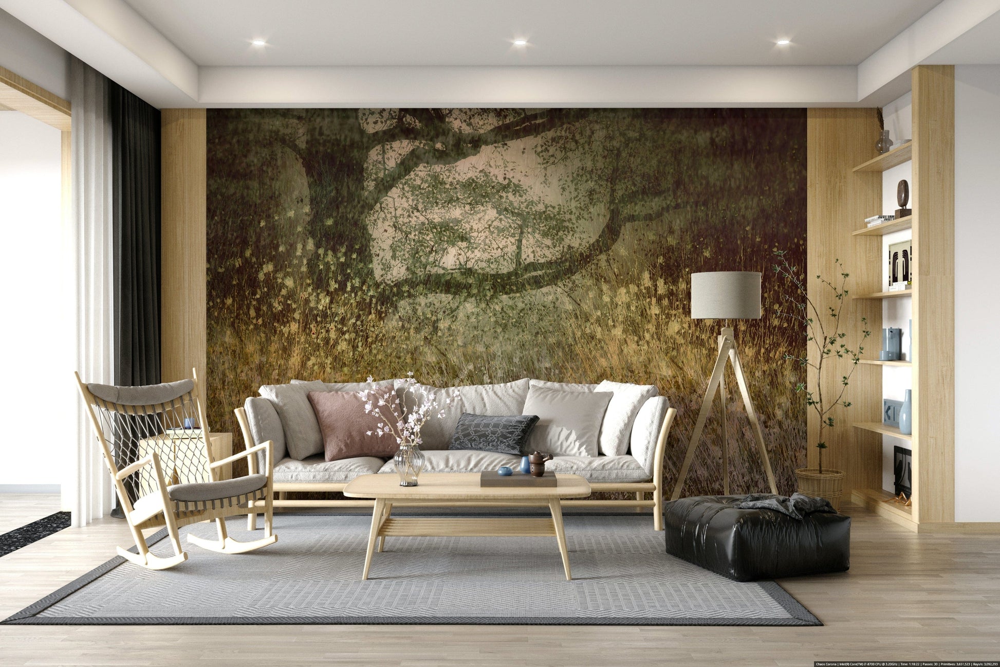 Filtered Light wallpaper mural of a meadow and spreading tree behind a cream sofa and wood rocking chair