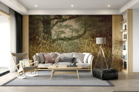Filtered Light wallpaper mural of a meadow and spreading tree behind a cream sofa and wood rocking chair