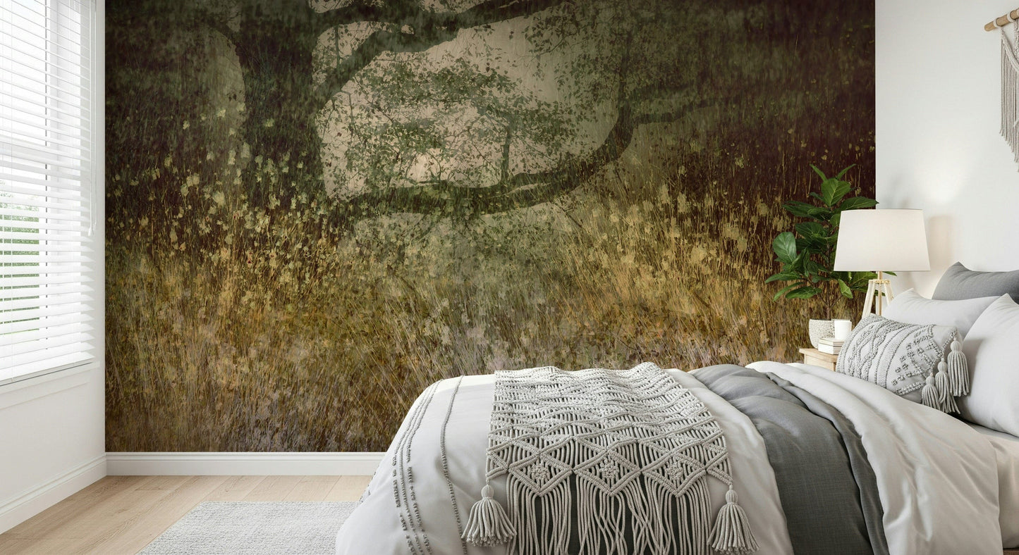 Filtered Light wallpaper mural of a golden grassland tree above a white bed with a macrame throw in a bedroom