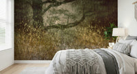 Filtered Light wallpaper mural of a golden grassland tree above a white bed with a macrame throw in a bedroom