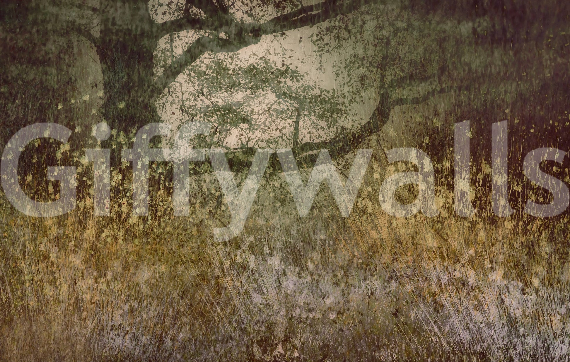 Filtered Light wallpaper mural close-up showing the olive meadow, tree silhouette and grunge texture detail