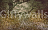 Filtered Light wallpaper mural close-up showing the olive meadow, tree silhouette and grunge texture detail