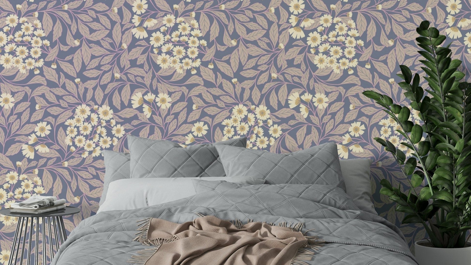 The image shows a field of soft grass and flowers in a fog.

