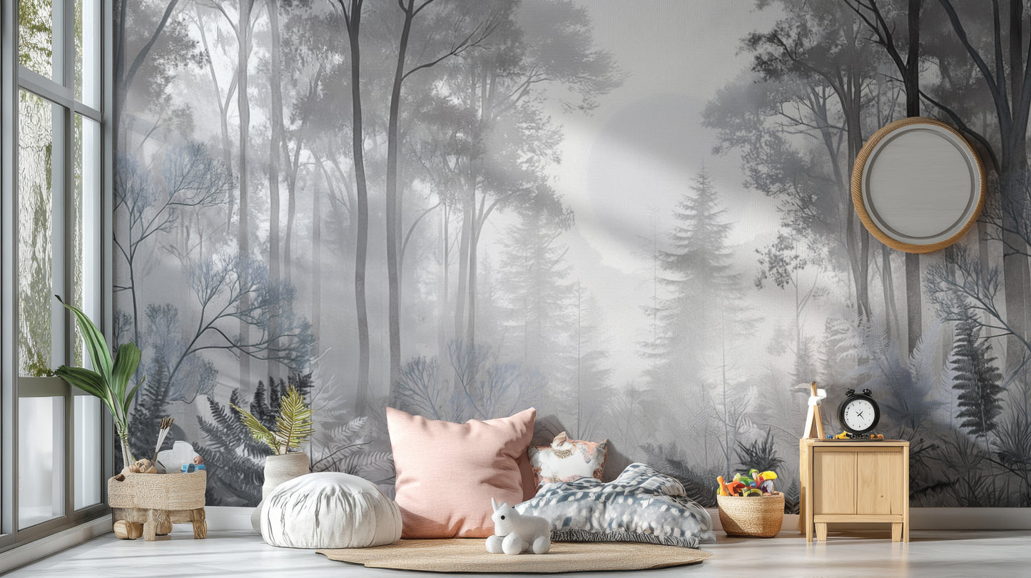 Misty Monochrome Forest wall mural in grey behind floor cushions and a pink pillow in a cosy kids room reading corner