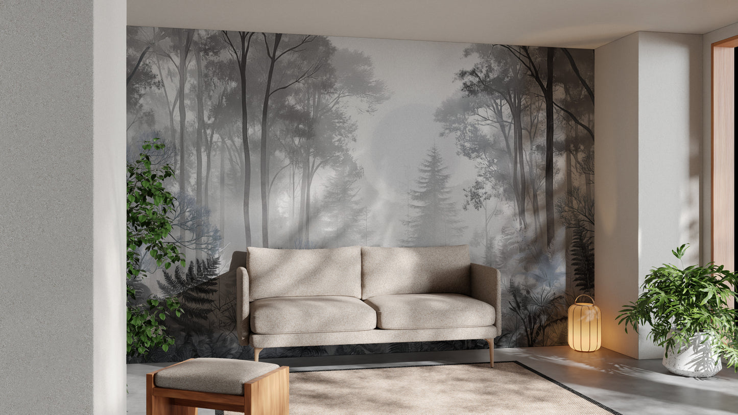 Misty Monochrome Forest wall mural in soft grey with pine trees behind a beige two-seater sofa and lantern in a living room