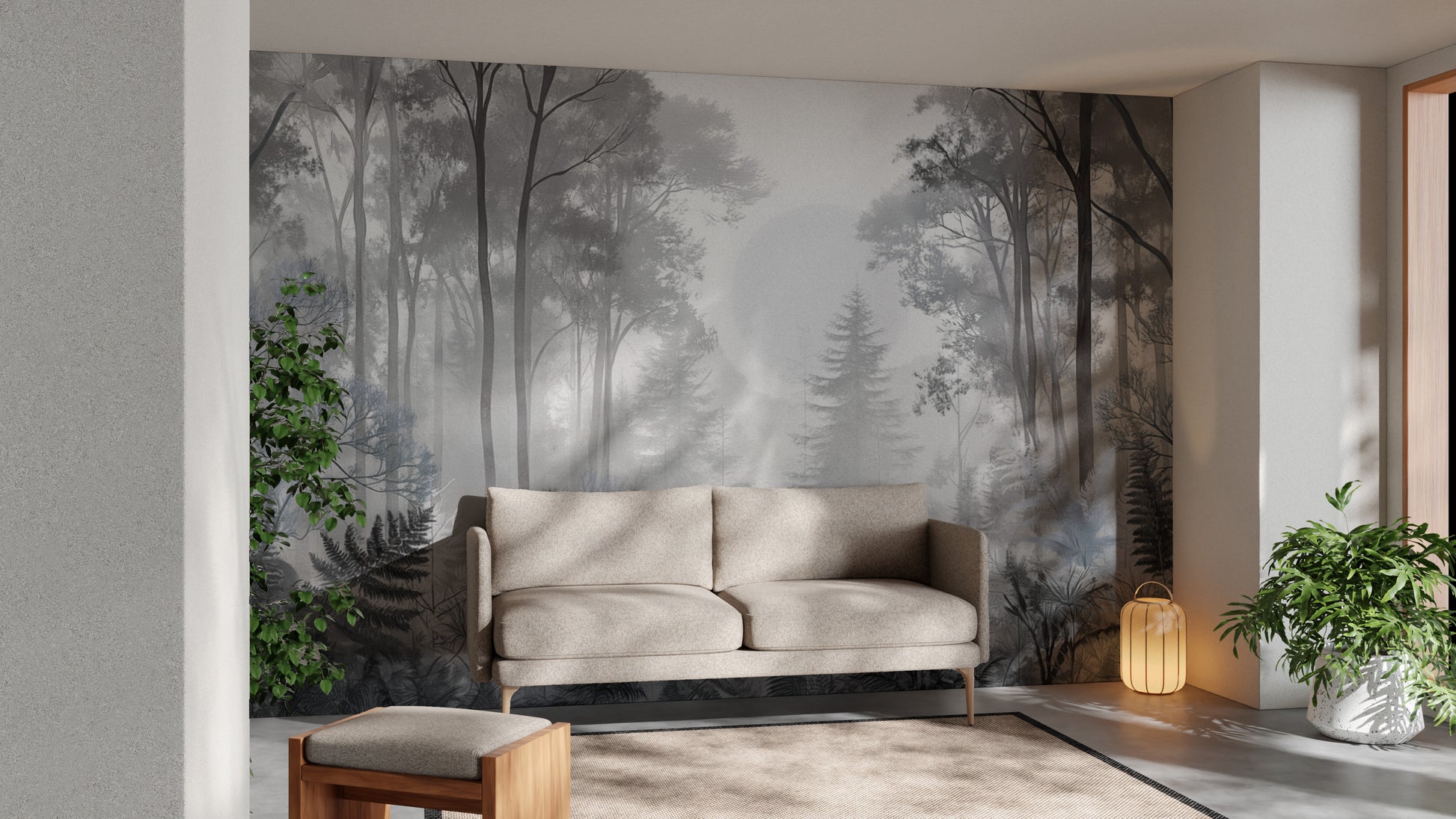 Misty Monochrome Forest wall mural in soft grey with pine trees behind a beige two-seater sofa and lantern in a living room