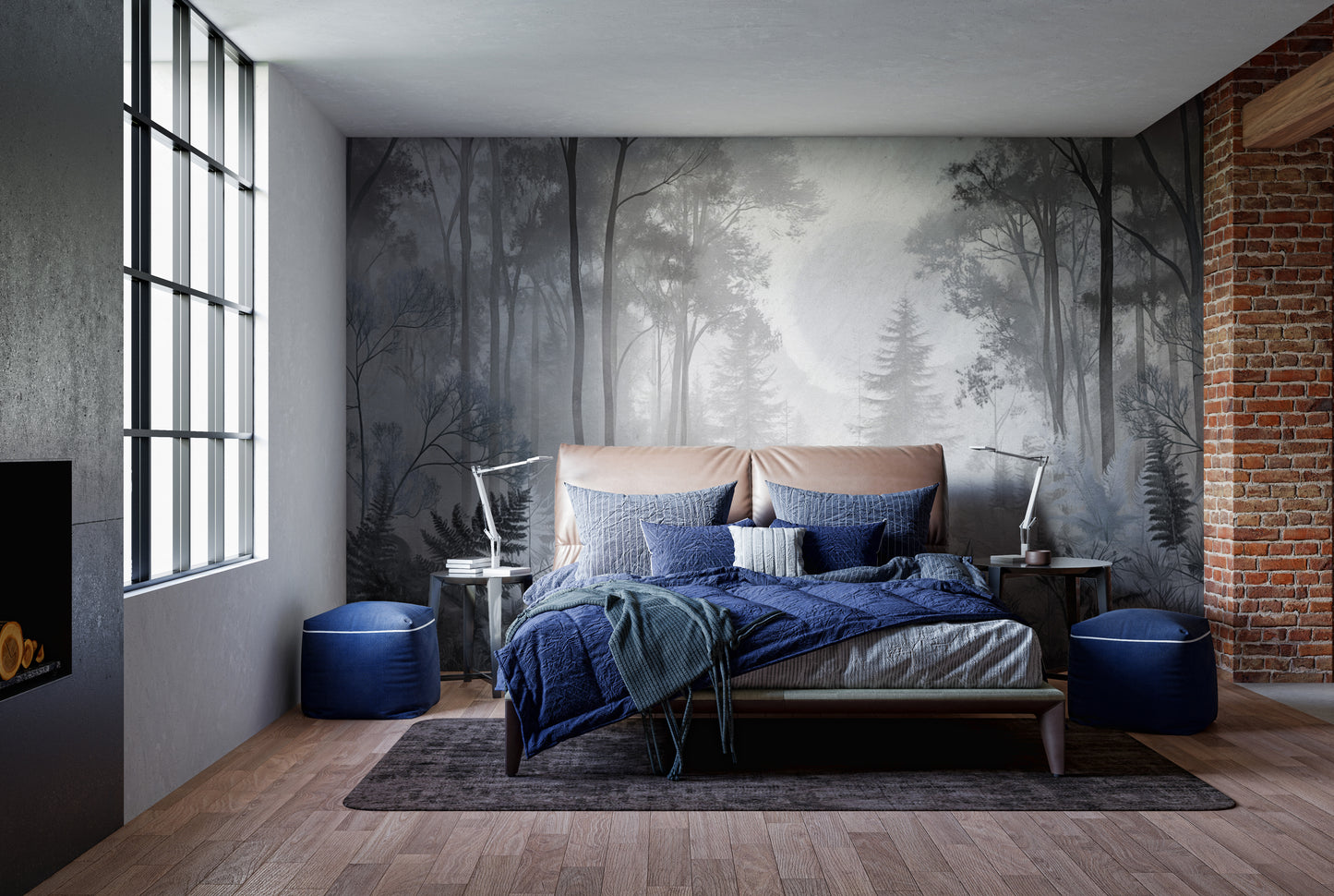 Misty Monochrome Forest wall mural in grey behind a blue bed and exposed brick wall in an industrial style bedroom