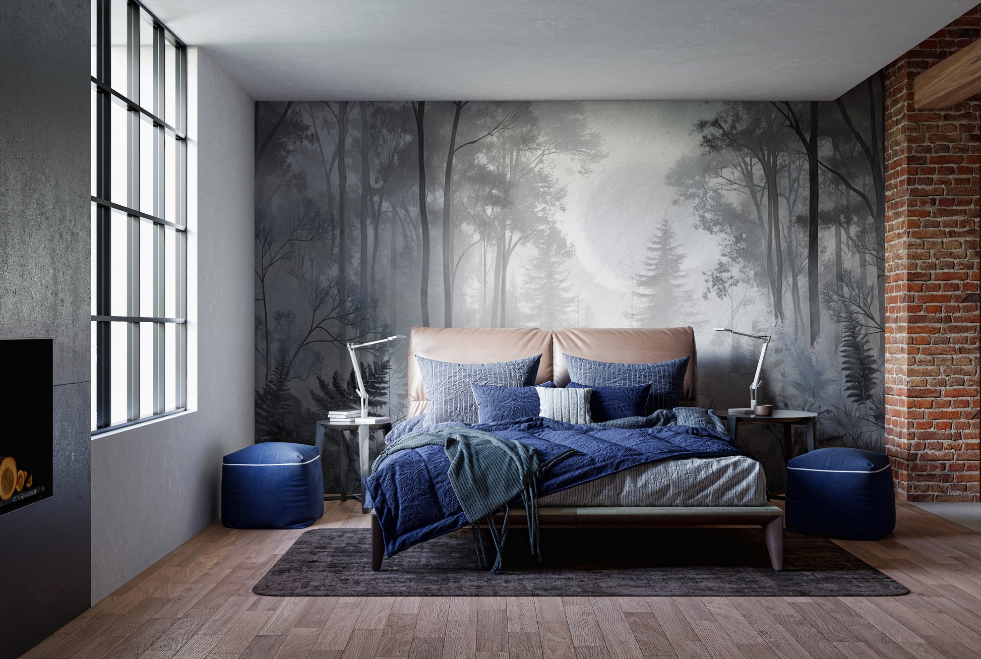 Misty Monochrome Forest wall mural in grey behind a blue bed and exposed brick wall in an industrial style bedroom