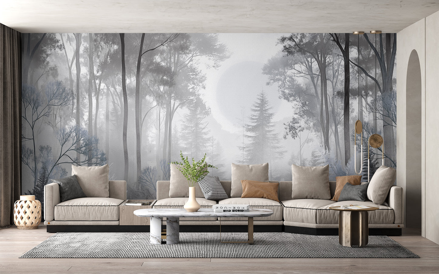 Misty Monochrome Forest wall mural in grey tones with tall trees behind a long beige sectional sofa in a living room