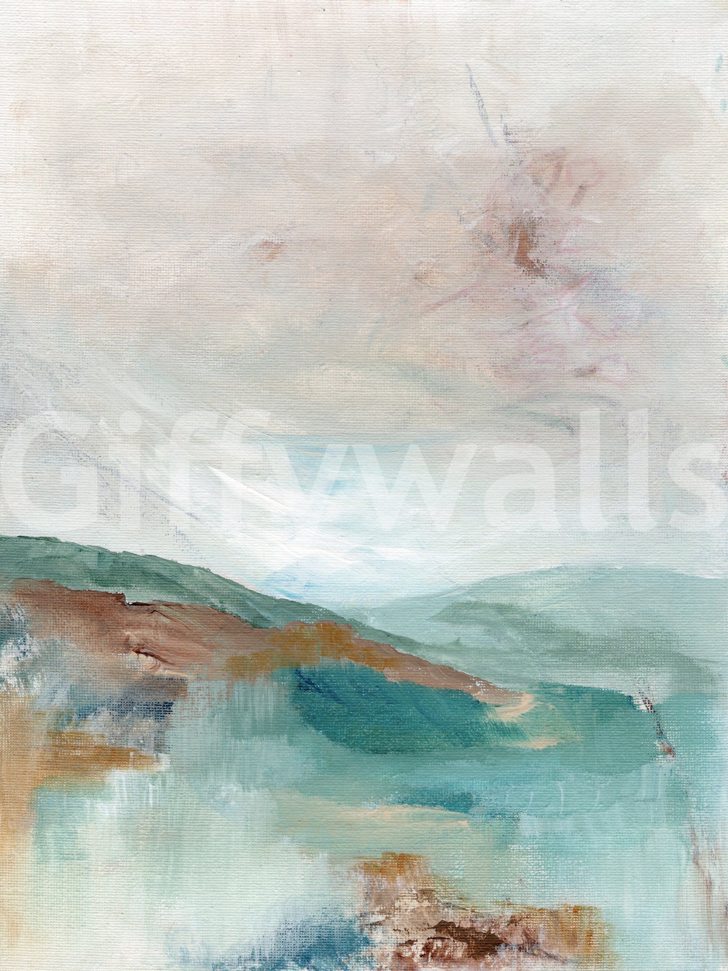 Misty peaks mural with soft natural color palette

