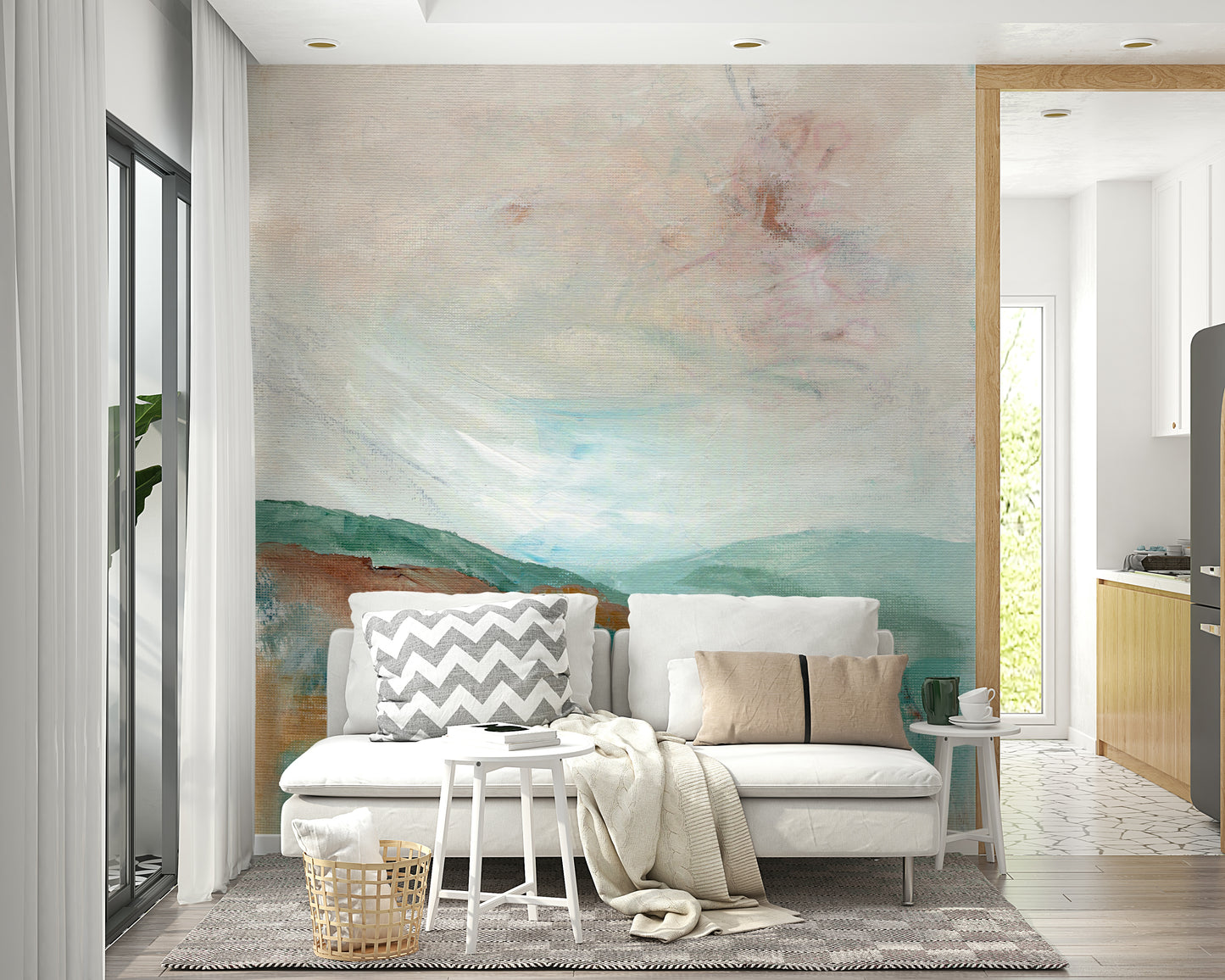 Tranquil mural of mountain ranges fading into mist

