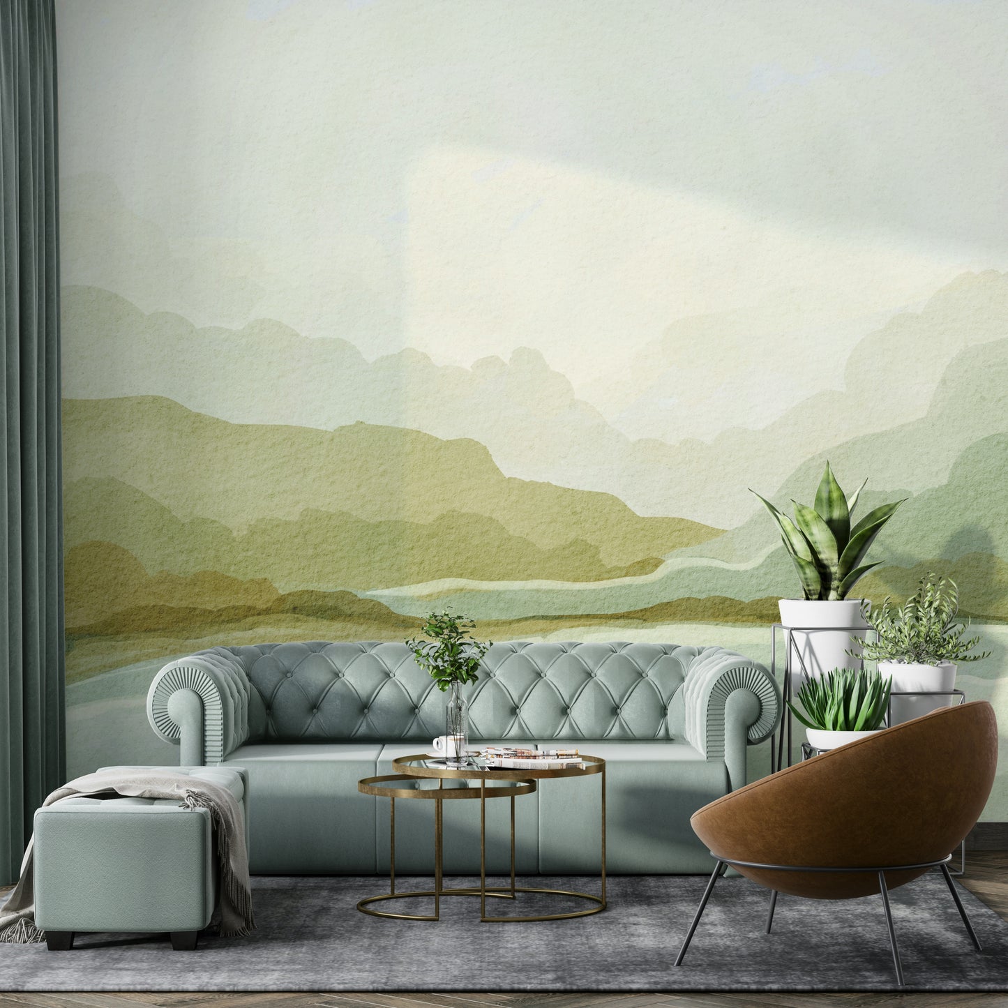 Majestic mountain wall mural with morning fog

