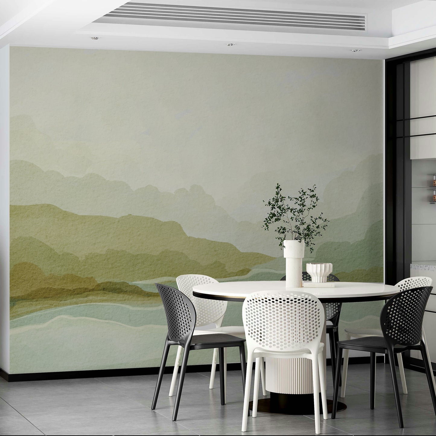 Scenic mountain mural wallpaper with misty hills

