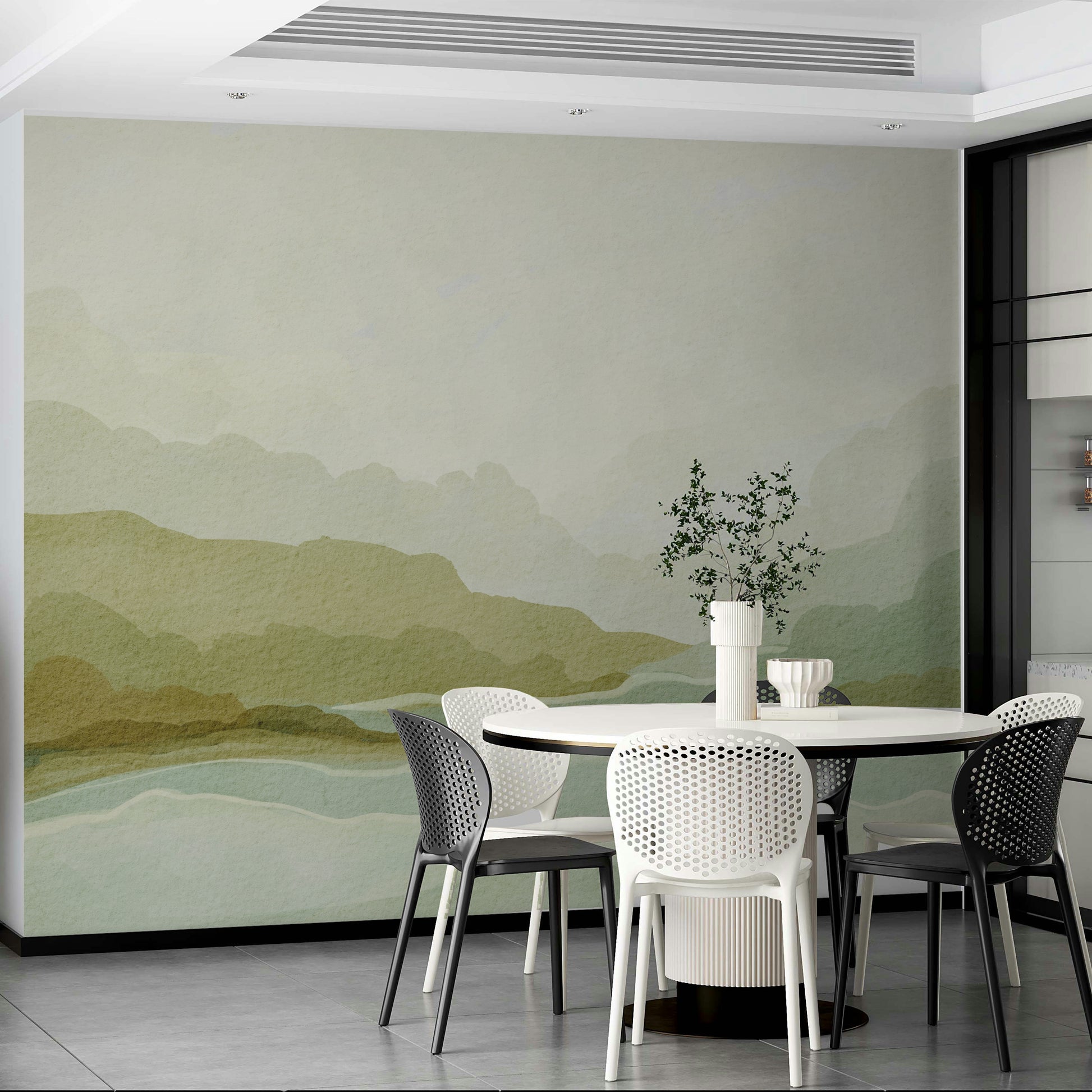 Scenic mountain mural wallpaper with misty hills

