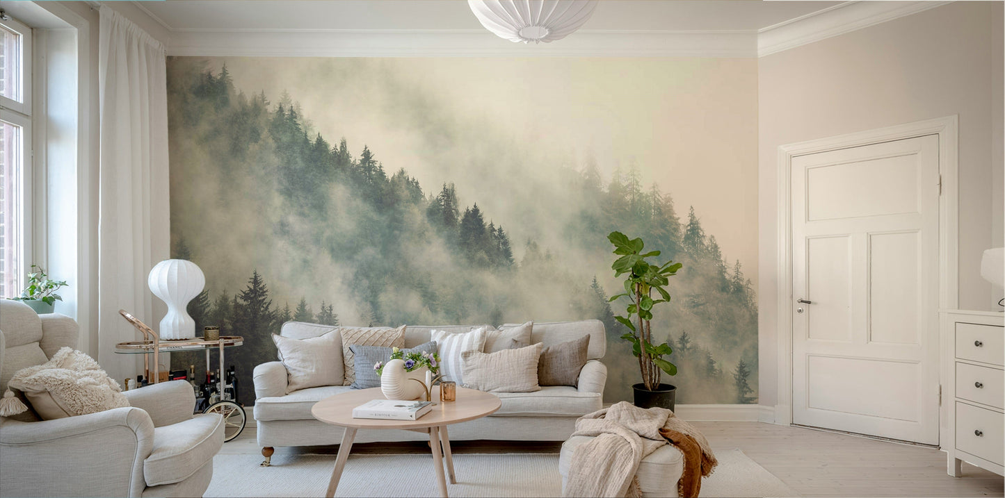 An artistic scenic landscape mural on minimalist wallpaper.

