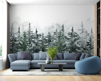 Misty Pine Winter Forest Wallpaper Mural - Giffywalls
